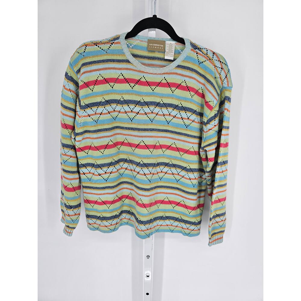 Lizwear by Liz Claiborne Striped Zig-Zag Open Knit Crewneck Sweater Size M